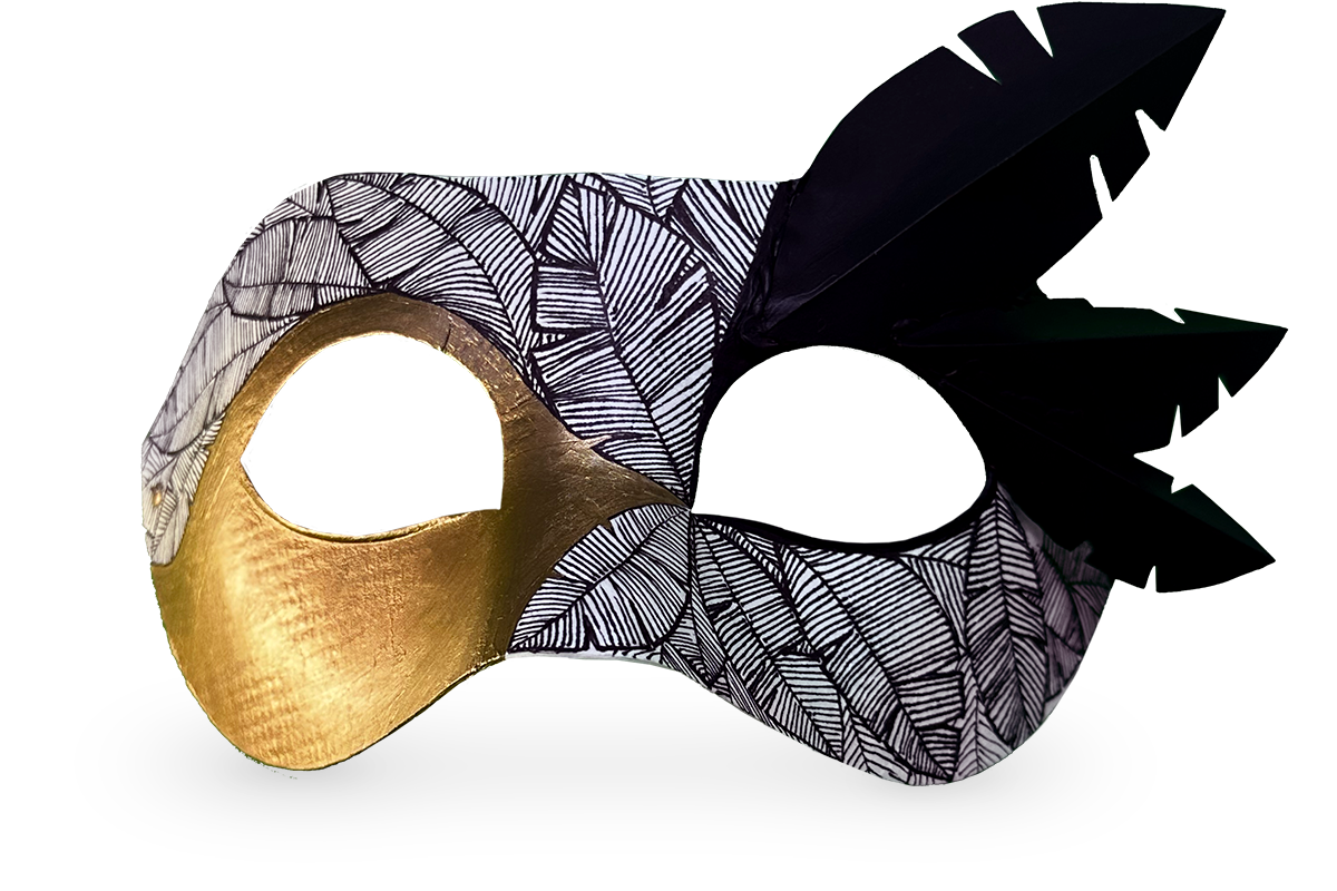 a black, white, and gold painted mask
