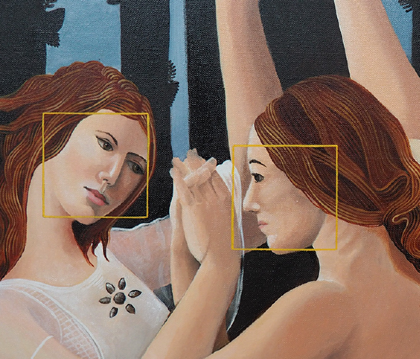 Botticelli's Primavera with face recognition overlays