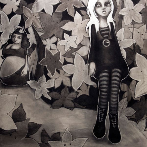 Alice walks, followed by a queen, through a field of oversized flowers.