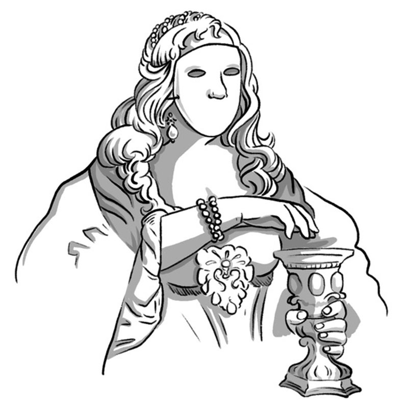 A queen wearing a mask