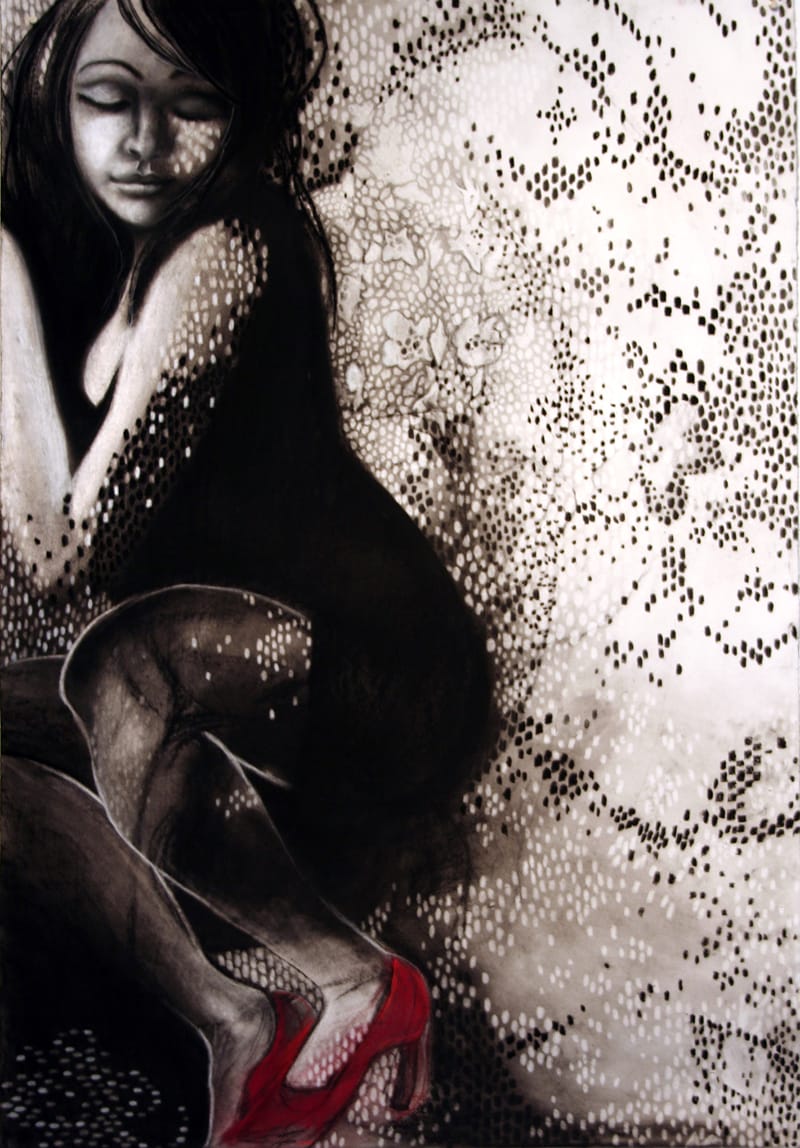 a charcoal drawing of a woman admiring the read shoes on her feet