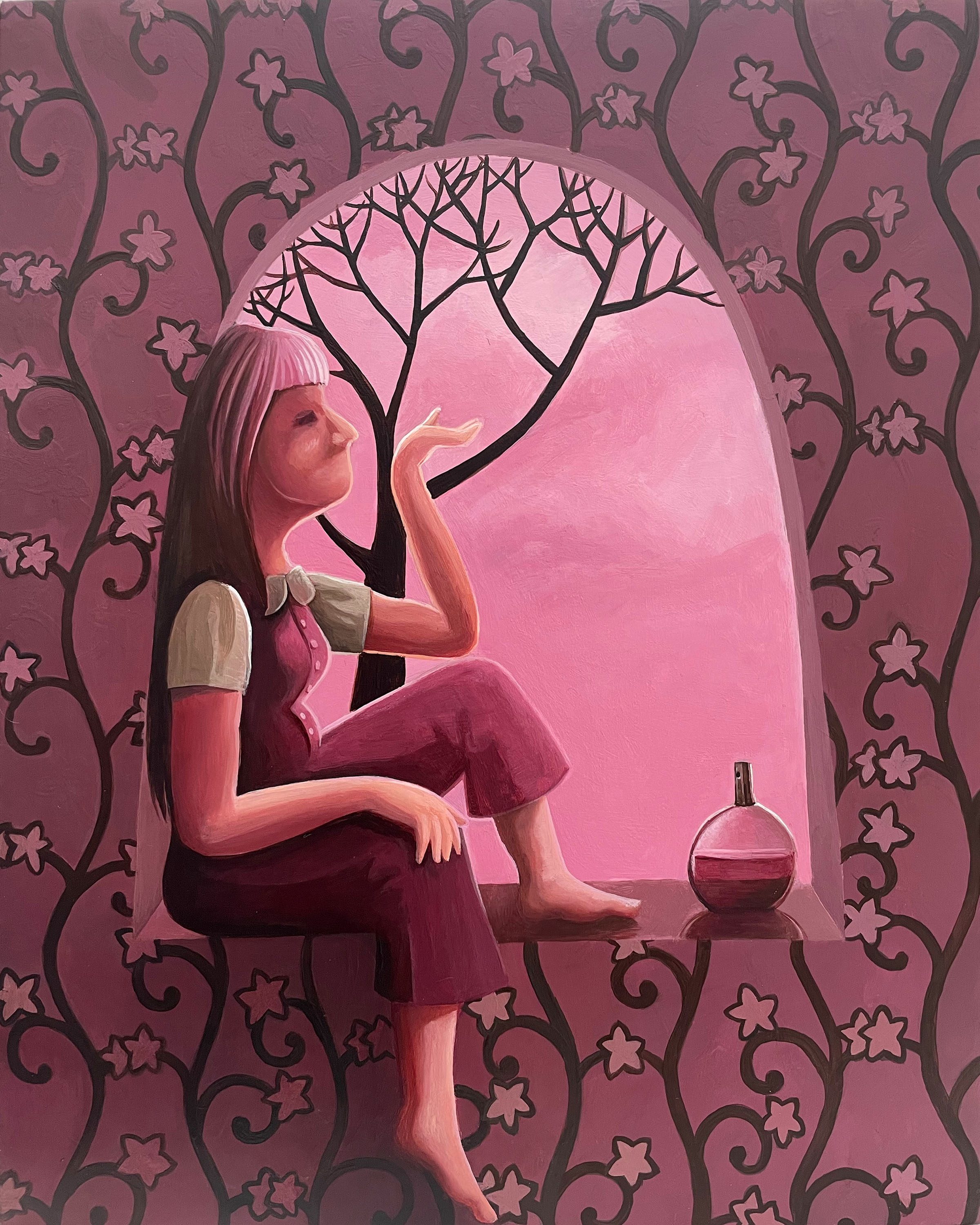 a woman sits in the window and smells her wrist