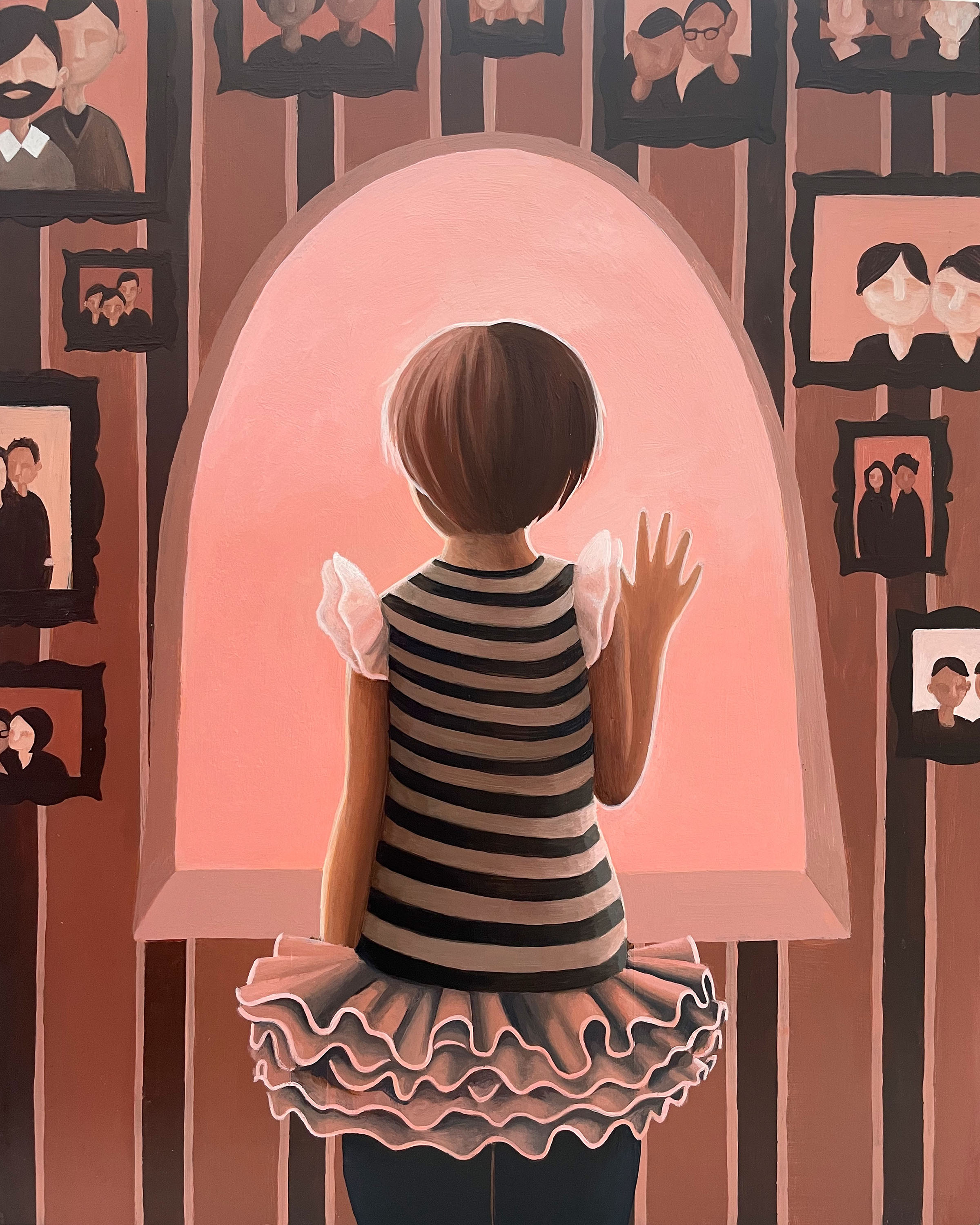 a woman surrounded by photos of friends and family presses her hand against the window because she is alone