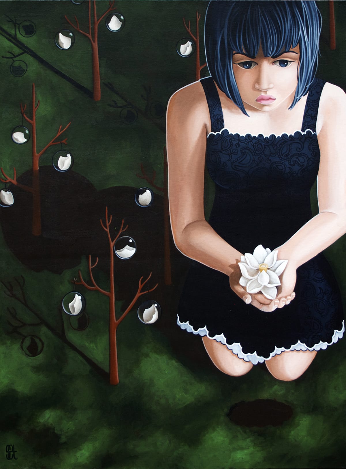 a woman sits in a field of saplings, holding a lotus flower in her hands