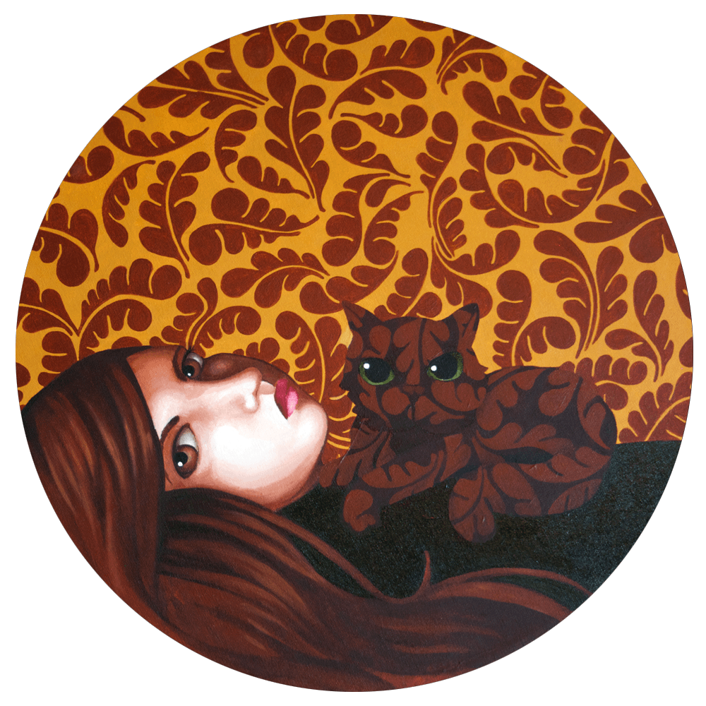 A woman is lying down with a patterned creature. The same pattern covers the wall behind her.