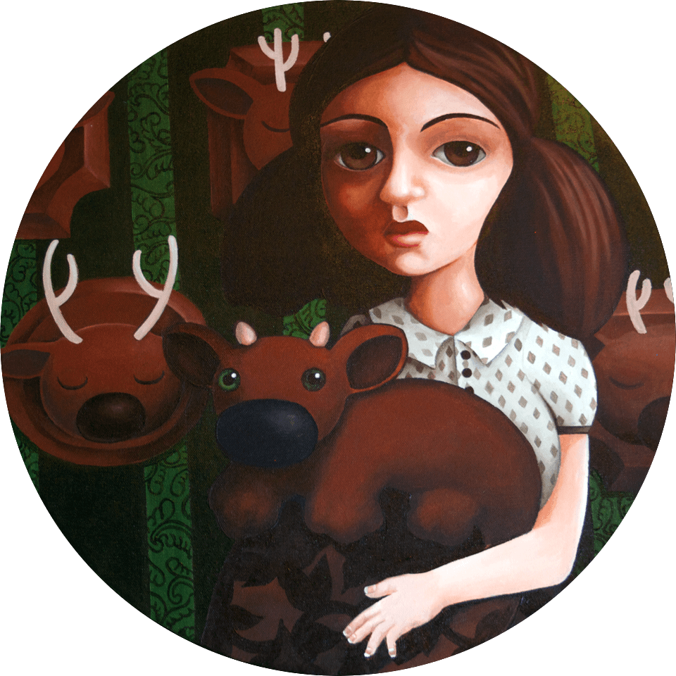 A woman in a room of dead creatures holds a similar creature in her lap