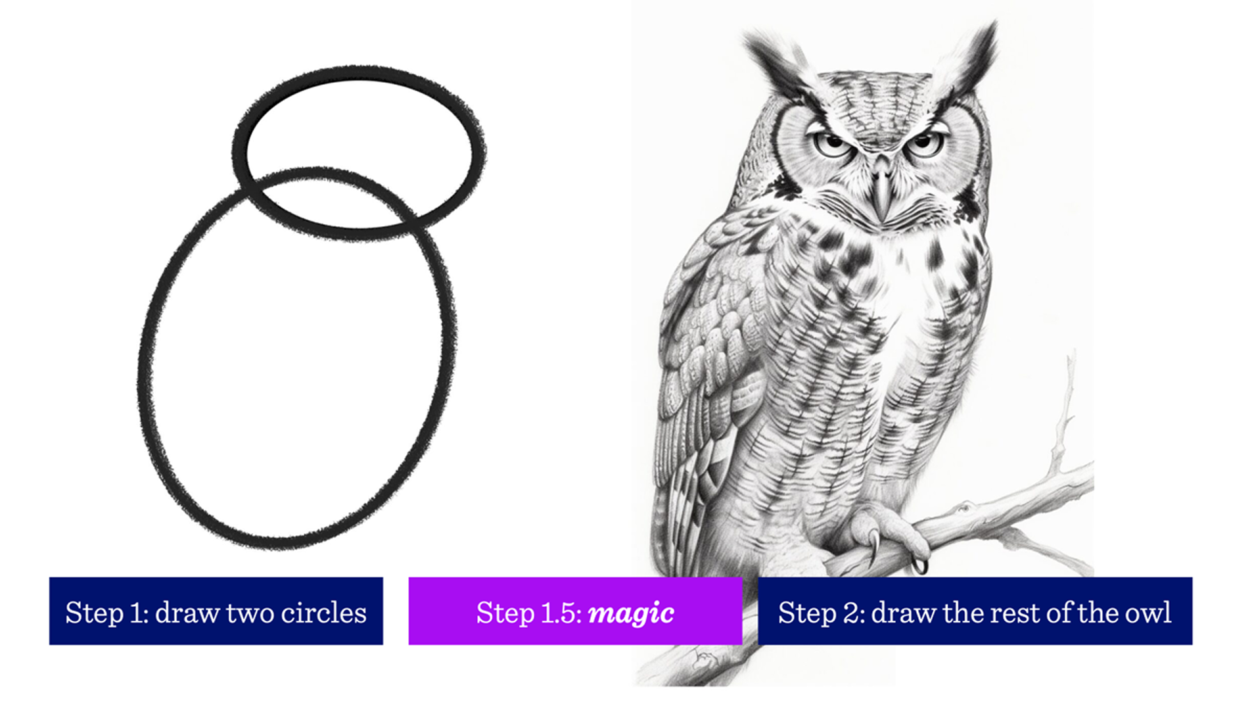 A meme joking about drawing an owl starting with two circles. Everything between the two circles and the expert drawing of the owl is magic.